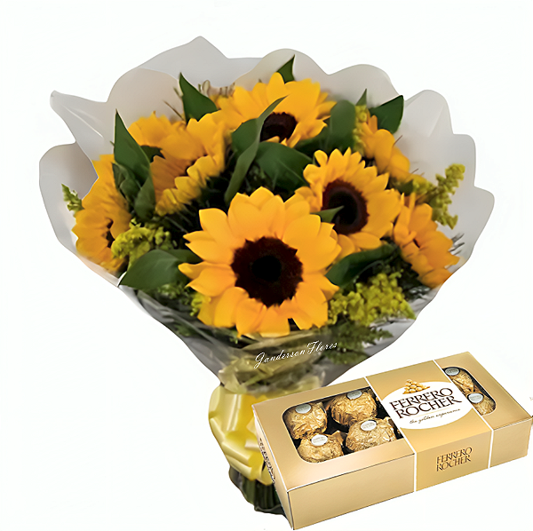 Buquê com 6 girassois no celofane e laço e Ferrero rocher 8 unidades