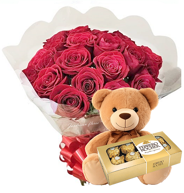 Buquê com 12 rosas vermelhas agrupadas com pelucia e Ferrero rocher 8 unidades