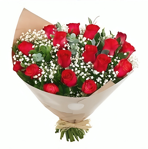 Buquê com 12 rosas vermelhas na embalagem Kraft