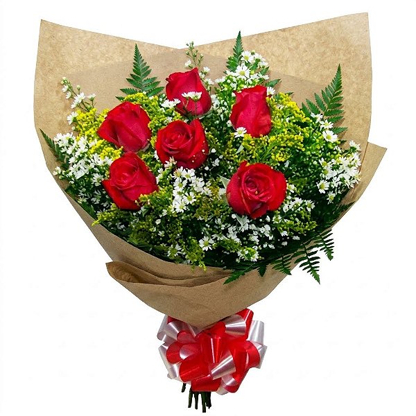 JF005 - Buquê com 6 rosas vermelhas