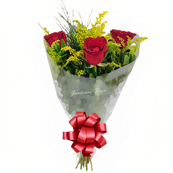 Arranjo com 3 rosas vermelhas na embalagem celofane e laço