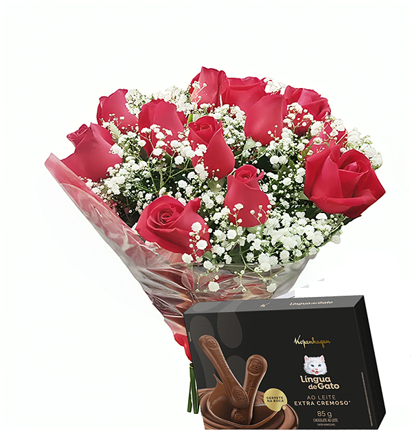Buquê com 12 rosas vermelhas e Língua de gato Extra Cremoso
