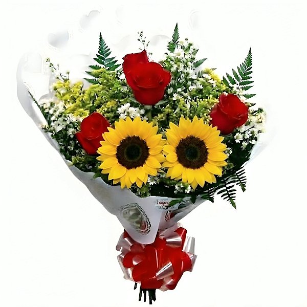 JF017 - Buquê com 4 rosas e 2 girassois