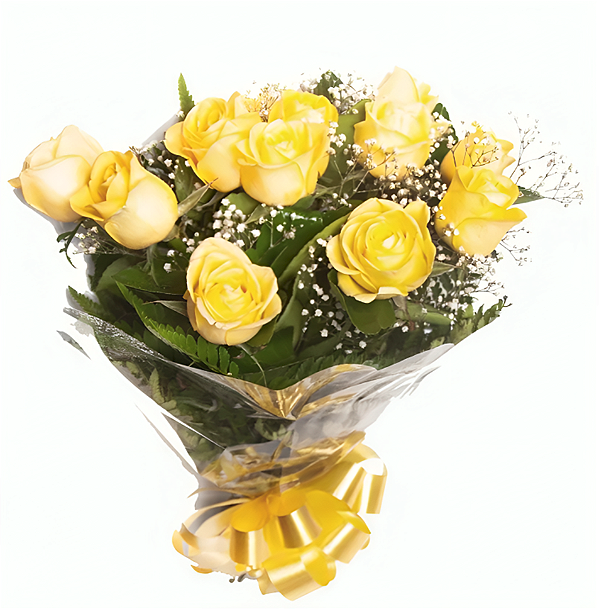 Buquê com 12 rosas amarelas na embalagem celofane e laço