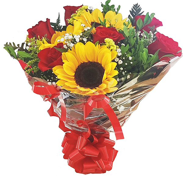 Buquê com rosas e girassóis