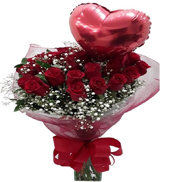 Buquê com 24 rosas vermelhas e balão coração