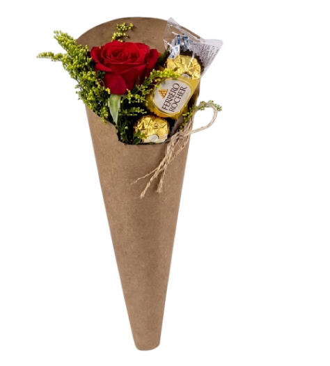Botão de rosa vermelha com ferrero rocher 3 unidades no kraft