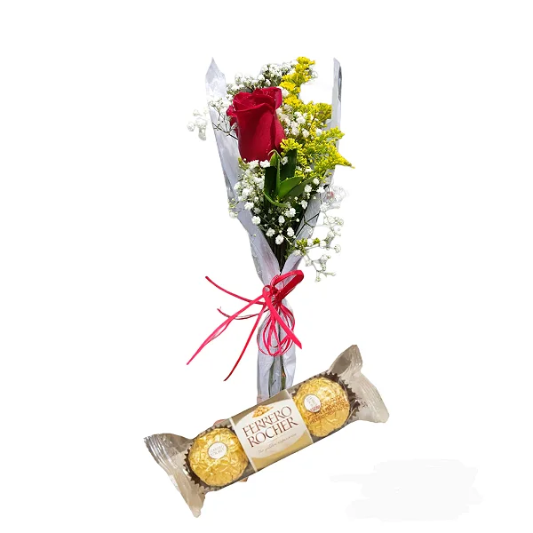 Botão de rosa vermelha com ferrero rocher 3 unidades