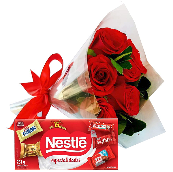 173 - Buquê 6 rosas e Cx de bombom