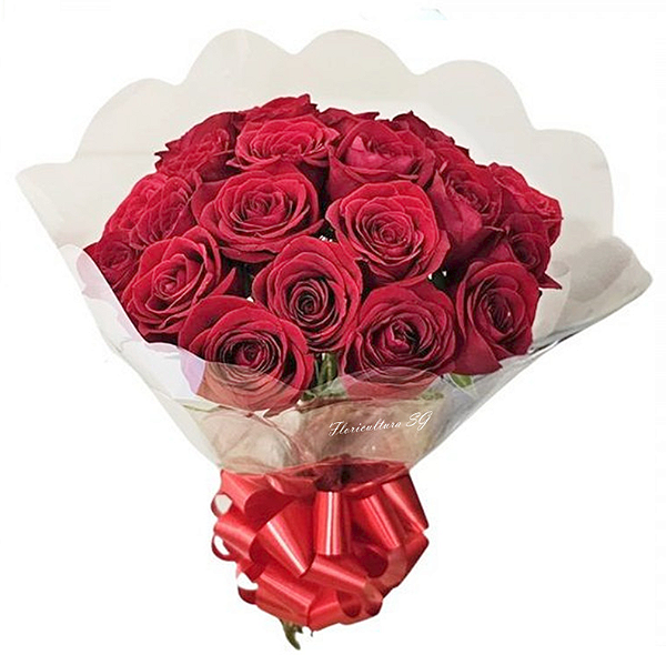 Buquê com 24 Rosas vermelhas no celofane e laço