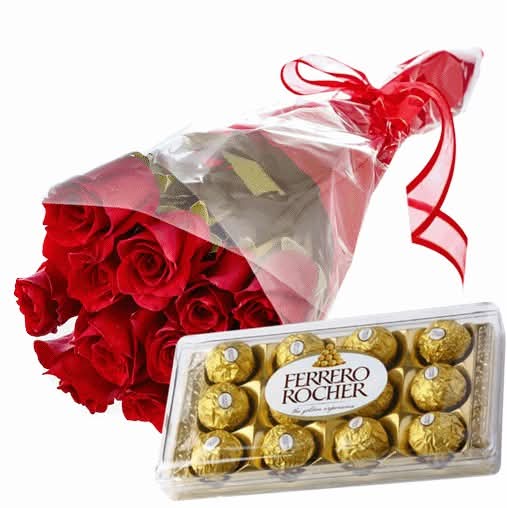 A186 - Buquê de Rosas Vermelhas e Chocolate Ferrero Rocher
