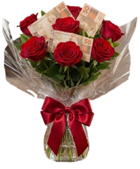 Buquê com 7 Rosas Vermelhas e Dinheiro