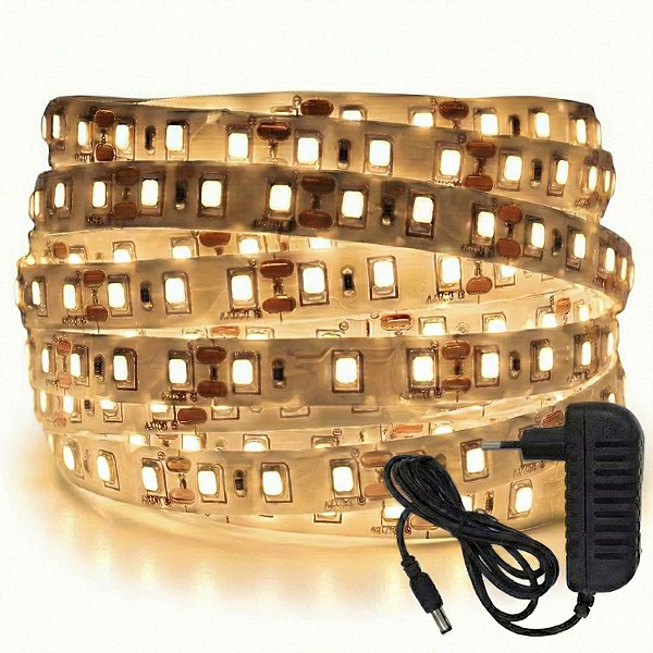 Fita LED 5 Metros 12v 3528 Branco Quente 120 Leds Sem Silicone IP20 + Fonte