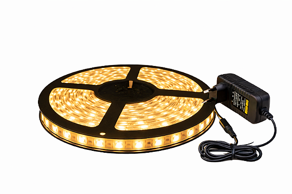 Fita LED 5 Metros 12v 5050 Branco Quente 3000k Siliconada IP65 Prova D'água + Fonte