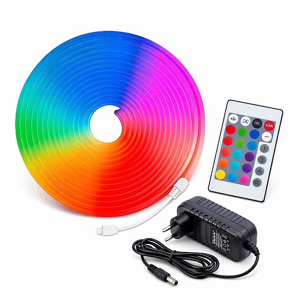 Fita LED 5 Metros 12V Mangueira Flexível Neon RGB Com Fonte e Controle