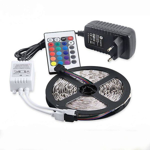 Fita LED 3528 60 LEDs RGB Multicolorido IP65 Siliconada Prova D'água 5 Metros + Fonte