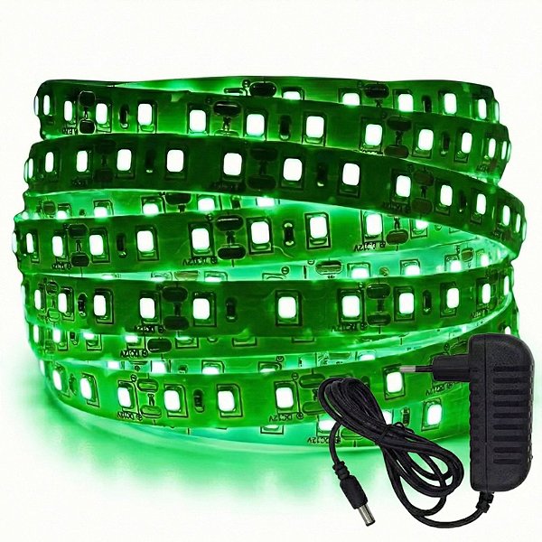 Fita LED 5 Metros 12v 3528 Verde 120 Leds Sem Silicone IP20 + Fonte