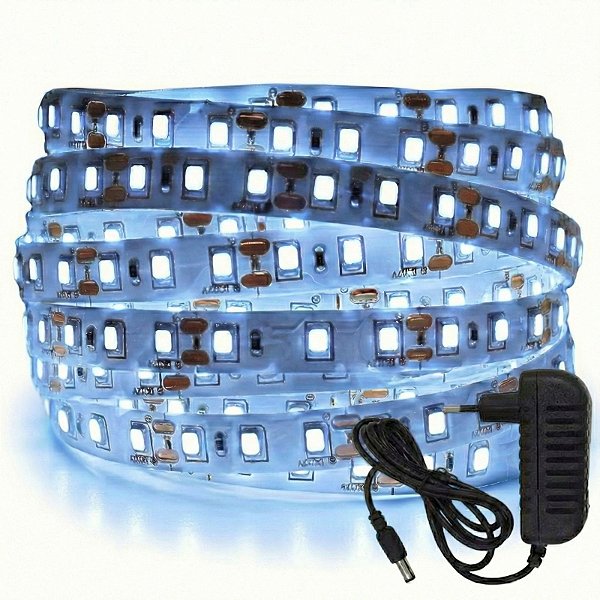 Fita LED 5 Metros 12v 3528 Branco Frio 120 Leds Sem Silicone IP20 + Fonte