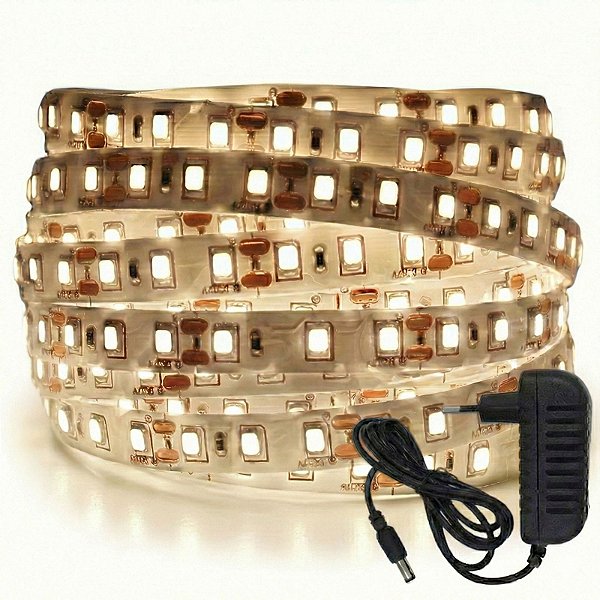 Fita LED 5 Metros 12v 3528 Branco Neutro 120 Leds Sem Silicone IP20 + Fonte