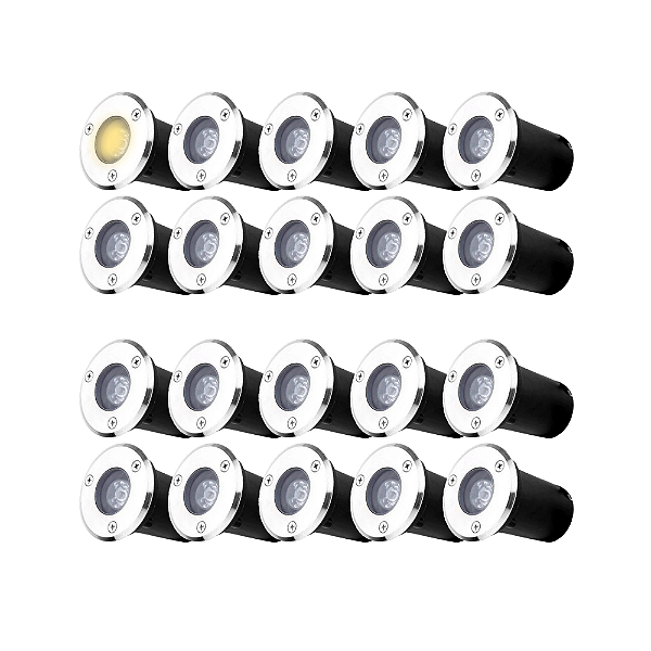 KIT 20 Spot Balizador LED 1W Embutir Para Chão Jardim e Piso Branco Quente IP67 A Prova D'Agua
