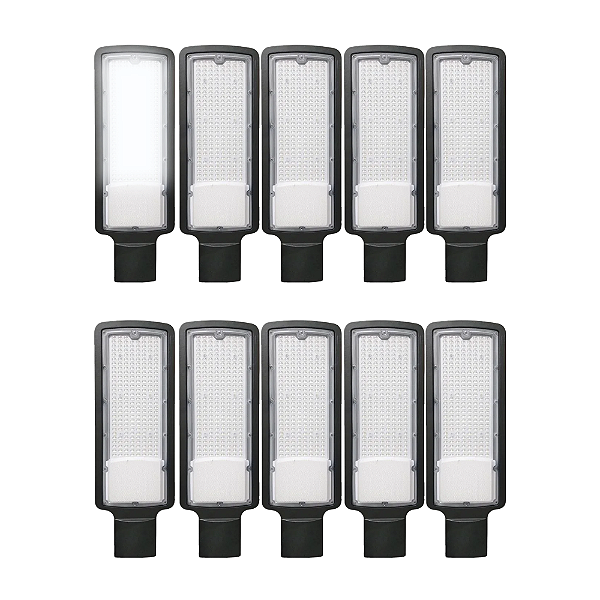 Kit 10 Luminária Publica LED 50W Para Poste SMD Slim Com Relê Fotocélula Embutido IP67 Branco Frio 6000k