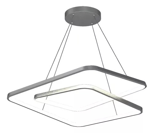 Luminária Lustre LED Prata Quadrado 2 Aros com Controle - 3 Cores