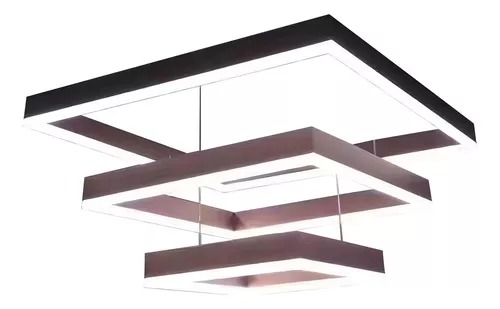 Luminária Lustre LED Marrom 3 Aros Quadrado Branco Quente 3000K