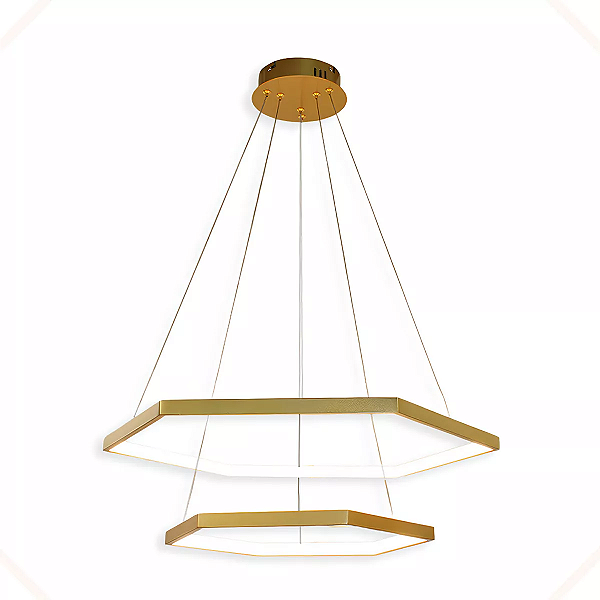 Pendente LED Hexagonal 2 Anéis Aros Dourado Branco Quente 3000K