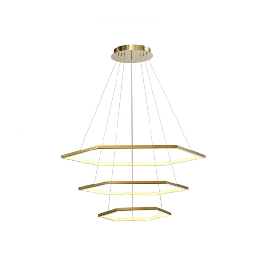 Pendente LED Hexagonal 3 Anéis Aros Dourado Branco Quente 3000K