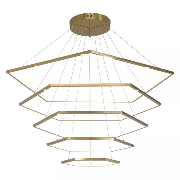 Pendente LED Hexagonal 5 Anéis Aros Dourado Branco Quente 3000K