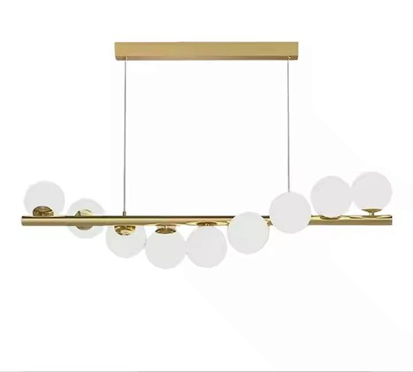 Luminária Pendente LED Retangular 9 Globos de Vidro 1M Dourado Branco Quente 3000k