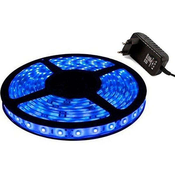 Fita LED 5050 Azul Siliconada Prova D'água 5 Metros + Fonte
