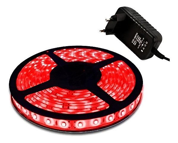 Fita LED 5 Metros 12v 5050 Vermelho Siliconada IP65 Prova D'água + Fonte