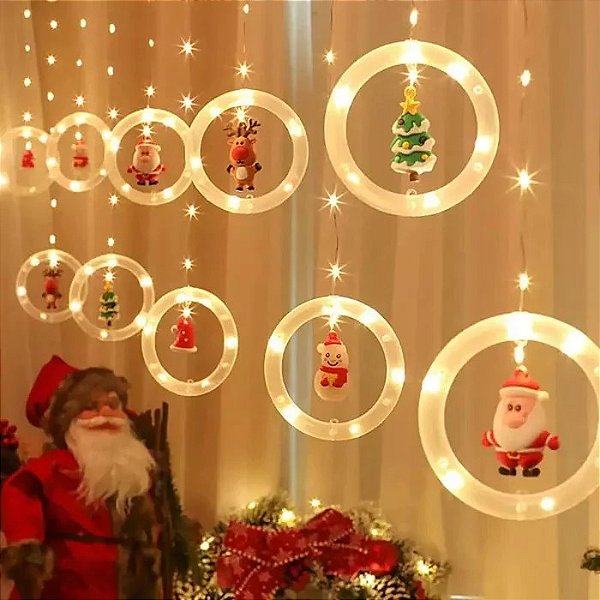 Cortina Fio Fada Pisca Pisca Led 3 Metros 10 Argolas Enfeites decoração Natal 110v Branco Quente 3000K