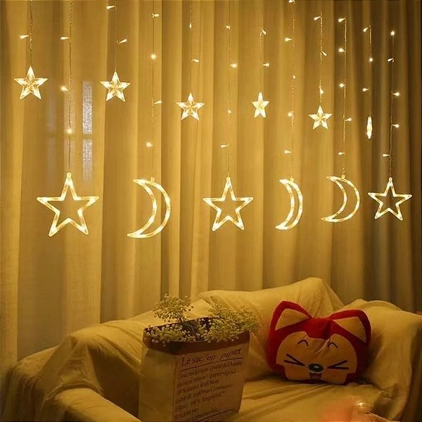 Cortina Fio Fada Pisca Pisca Led 3 Metros Estrela e Lua Enfeites decoração Natal 110v Branco Quente 3000K