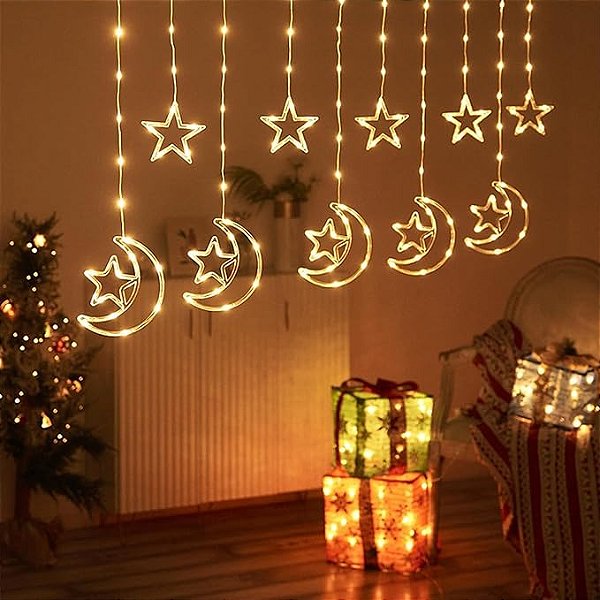Cortina Fio Fada Pisca Pisca Led 3 Metros Estrela e Lua Enfeites decoração Natal 110v Branco Quente 3000K