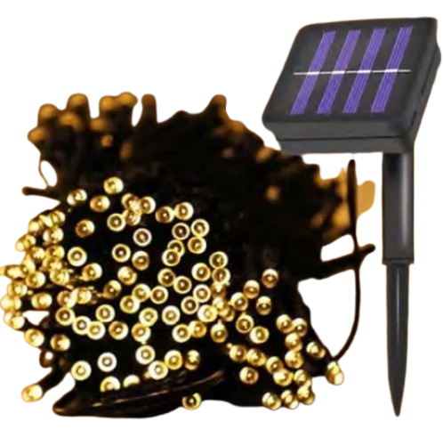 Kit 10 Pisca Pisca Solar 100 LEDs Fio Preto 10m Branco Quente 3000k