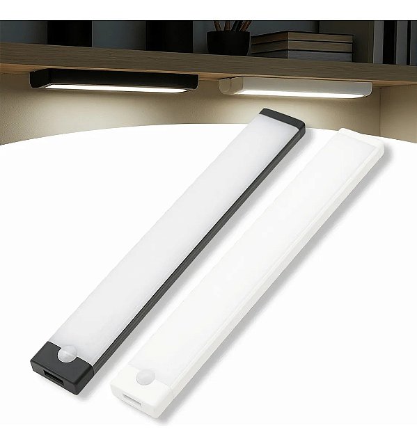 Luminária LED Barra Difusa C/Sensor De Movimento Luz Recarregável USB 3 Cores Cozinha Armário Roupeiro 60cm