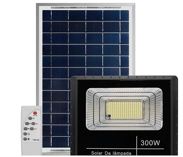 Refletor Painel Solar 300W LED Bateria Litio Recarregável Com Controle Branco Frio IP67