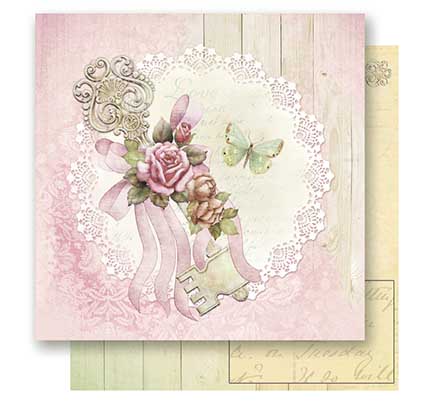 Papel para Scrapbook Dupla Face - Chave Ornamentada e Rosas - SD-0536