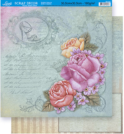 Papel para Scrapbook Dupla Face - Rosas e Azul Vintage - SD-347