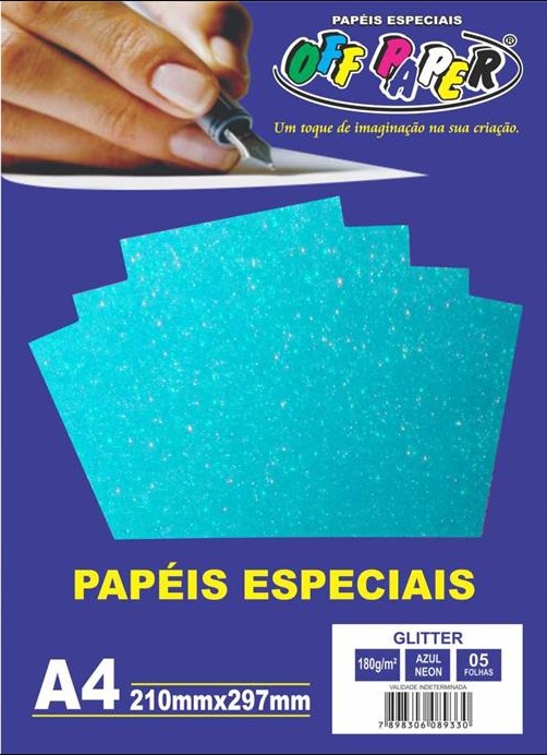 Papel A4 (glitter) Azul Neon 180g. - Off Paper - 5 Folhas
