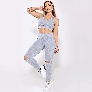 Conjunto Top e Legging Basic Com Recorte No Joelho - CINZA