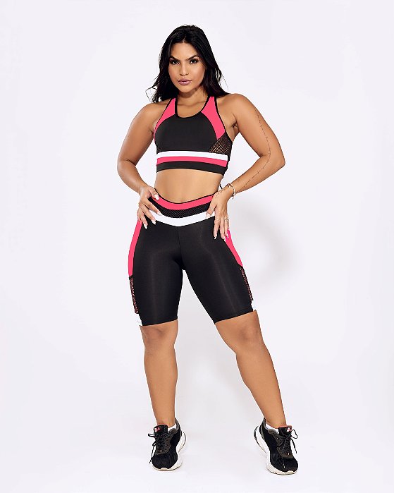 CONJUNTO BERMUDA MOTIVATION COM BOLSO E TOP FITNESS - PRETO ROSA RACE