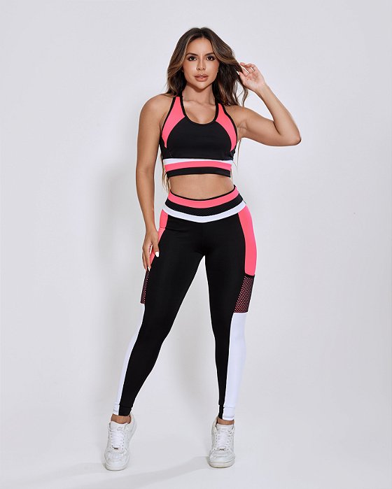 CONJUNTO MOTIVATION COLLECTION - PRETO ROSA NEON