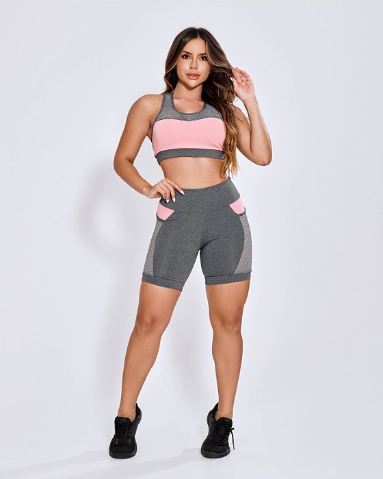 CONJUNTO TOP E BERMUDA COM BOLSO - CINZA ROSE