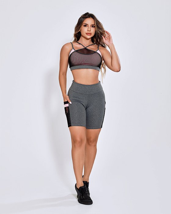 CONJUNTO TOP E BERMUDA COM BOLSO -CINZA ROSE