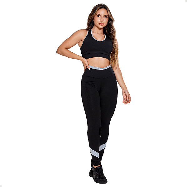 CONJUNTO FITNESS LEGGING E TOP PRETO CINZA BÁSICO