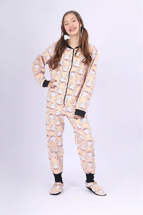 PIJAMA MACACÃO JUVENIL GATINHA MANHOSA ANGORA- MOLETINHO COM ELASTANO