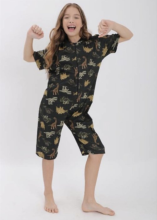 PIJAMA MACACÂO INFANTIL E TEEN DINOSSAURO FELIZ